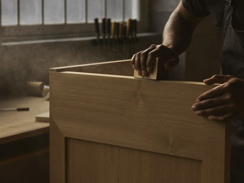 Ruce brousí dubový panel v dílně, viditelná kresba dřeva a jemný prach.